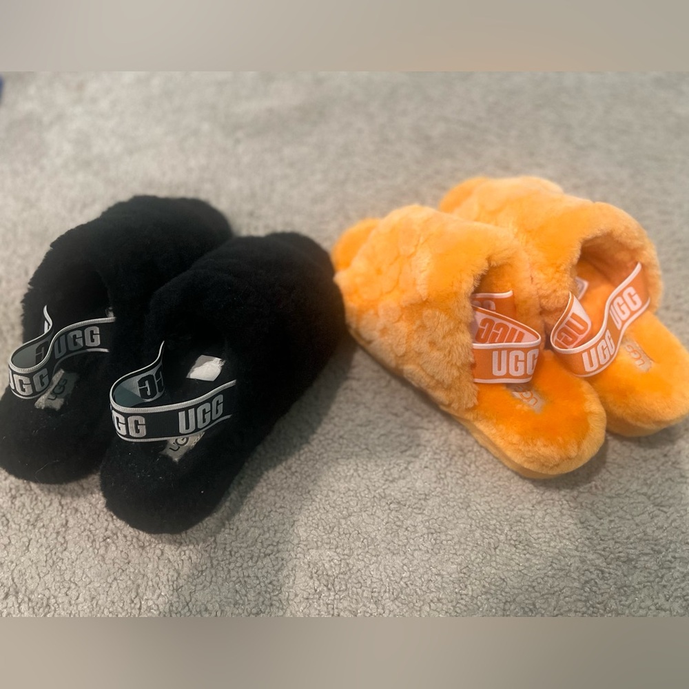 UGG Black and Orange Fluffy Slides